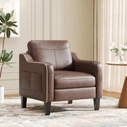 Arm Chairs for Living Room Set of 1, Accent Chair with Side Storage Pocket, PU Leather Armchairs with Thick Cushion, Anti-slip Solid Plastic Legs Single Sofa Chair for Bedroom, Chocolate Brown