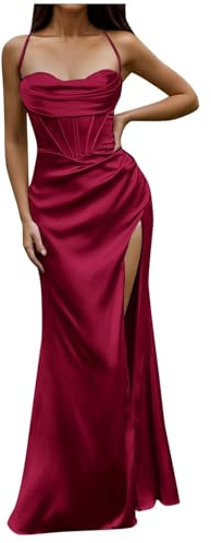 Generisch Robe longue sexy en satin pour femme - Corset push-up - Robe longue plissée - Robe de soirée
