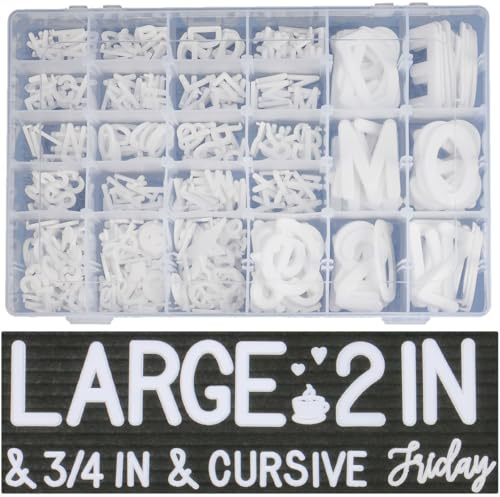 559 Extra White Letters With Organizer for Changeable Felt Board (3/4 Inch and 2 Inch) + 11 Cursive Words + 12 Months + 7 Days + Pre-Cut Plastic Letters