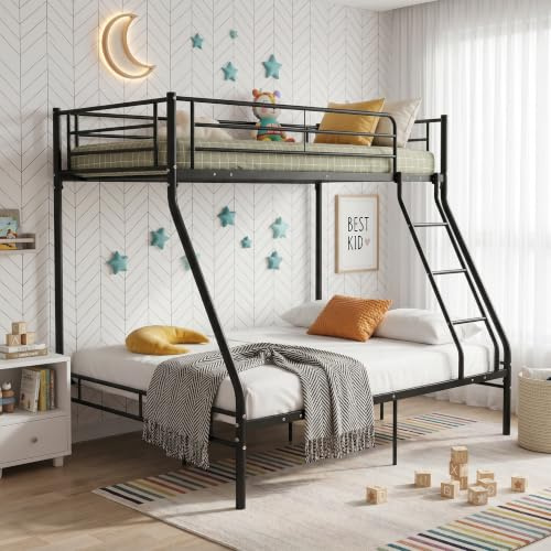 Panana Triple Bunk Bed 3FT Single 4FT6 Double Metal Bed Frame with Ladder & Safety Guardrail for Kids, Teens & Adults (Black)