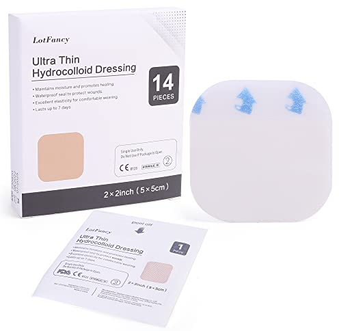 LotFancy 14 Patches Hydrocolloid Bandages, 2”x2”, Ultra Thin Small Hydrocolloid Gel Wound Dressing, Waterproof Adhesive Pad for Blister, Bed Sore, Burn, Acne, Pressure Ulcer Healing Care