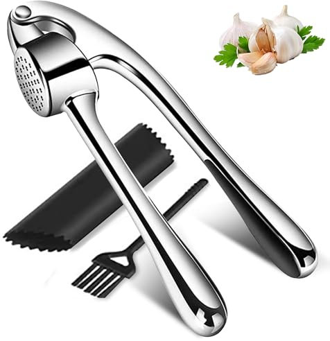 Rhimooay Knoblauchpresse mit leicht zu drückendem Griff, 3 Teiliges Knoblauch-Zerkleinerungswerkzeug - Silber Garlic press