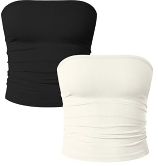 OQQ Haut Tube Femme Lot de 2 Ajusté et Court Style Y2K et Classique Bustier sans Bretelles pour l'Été Noir Beige