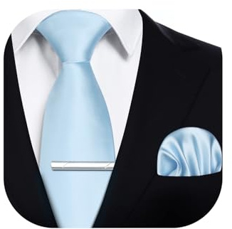 HISDERN Cravatta Uomo Celeste Tinta Unita Formale Elegante Classico Raso Cravatte e Fazzoletto da Taschino e Fermacravatta per Matrimonio Festa