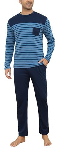 Irdcomps Pyjama Homme Hiver Coton Ensembles de Pyjamas à Rayures Chauds Manches Longues Col Rond Vêtements De Nuit Vêtements de Détente pour Hommes Deux Pièces Confortable Doux Bleu Ciel L