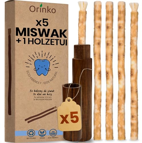 ORINKO® Miswak Siwak Zahnbürste x5 mit Holz-Etui - Natürliche Zahnpflege mit Miswak-Stick - Bio Zahnholz für gesunde Zähne - Traditionelle Zahnreinigung für Mensch & Umwelt - Frisch verpackt