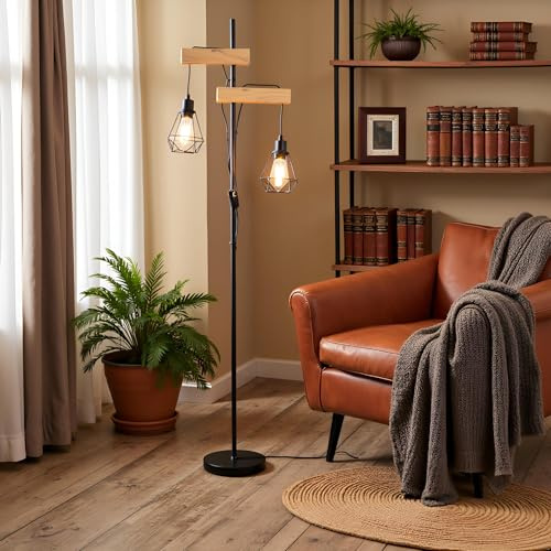 Osasy Lampadaire Industriel Design sur Pied, Style Vintage avec 2 Luminaires Géométriques, Support en Bois Naturel et Métal Noir, Éclairage Indépendant pour Salon