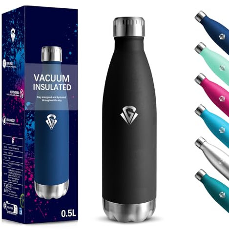 Gourde, 500 ml Sans BPA, Gourde Isotherme, 18/8 Acier Inoxydable, Bouteille Metal, Isolation Sous Vide à Double Paroi, Bouteille Acier Inoxydable pour École, Voyage, Randonnée bouteille - Noir