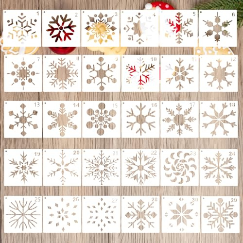 30 unidades de spray de nieve para ventana, spray de nieve para ventana, plantilla de plástico para colorear 15 x 15 cm, plantilla de copo de nieve, plantilla de árbol de Navidad