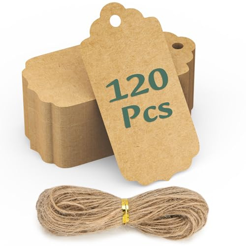 VynyQoo 120PCS Geschenkanhänger Zum Beschriften 5x10CM Kraftpapier Blanko Etiketten mit Schnur & 30M Naturjute DIY für Hochzeitsgeschenke, Präsente, Braune Anhänger, Preisschilder- Weihnachtsbaum