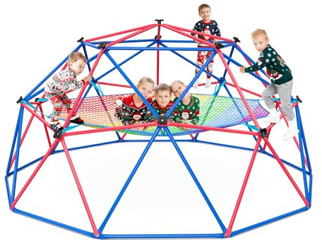 Hapfan Climbing Dome with Climbing Cargo Net, 10 ft Dome Jungle Gym with Hammock for Kids Outdoor Playset Monkey Bars Backyard (Red and Blue)