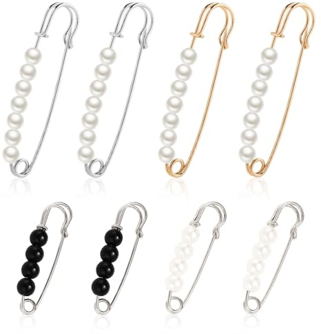 8 Stück Sicherheitsnadel Perlen in 4 Größen & 3 Farben - Broschennadeln Faux Perlen Brosche für Damenkleidung, Taillenspanner, Schals, Röcke (Gold, Silber, Schwarz)