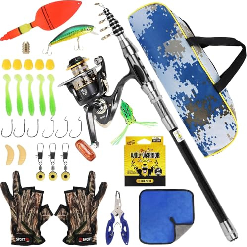 Set combinato di canna da pesca telescopica e mulinello, canna da pesca in metallo da 2,1 m, kit completo con lenza da pesce/accessori per esche da pesci/borsa per il trasporto, canna da pesca con
