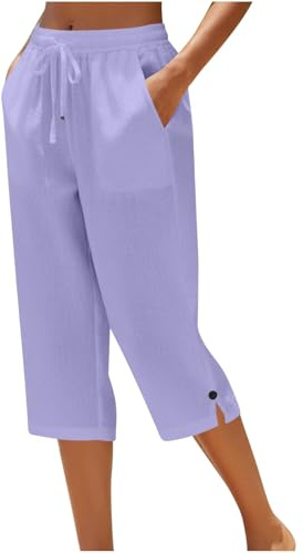 3/4 Pantalones de Lino para Mujer Verano Frescos Talla Grande Pantalón Lino Algodón Shorts Respirable Moderno Pantalon Cortos Capris Bolsillos Urbano Yoga Jogger Corre Playa Vacaciones