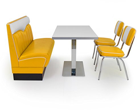 möbelland24 American Diner Sitzgruppe gelb: Sitzbank London 120cm + Diner Tisch + 2X Retro Stuhl