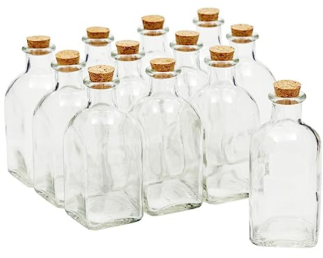 Juvale 12-Pack Mini Glass Bottles with Cork Lids - 4 oz Clear Vintage Square - Wedding Decor & Party Favors - Potion Bottles with Cork & Mini Glass Jars with Lids