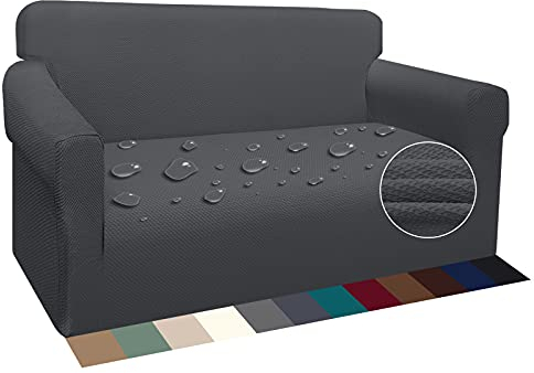 Earnmore Wasserdicht Sofabezug 2 Sitzer Verdickte Stretch Sofahusse Hunde und Katzen Rutschfester Möbelschutz mit Schaumstangen für Wohnzimmer Anti Rutsch (2 Sitzer,Grau)
