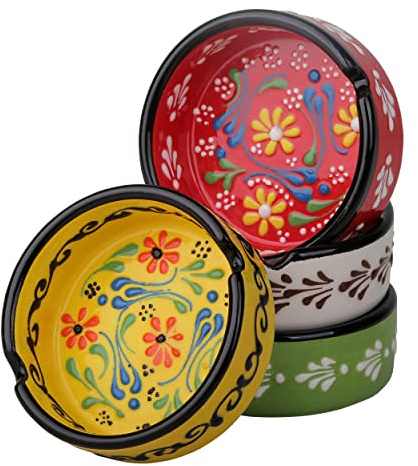 Ashtray Set for Indoor Outdoor Use Cigarette Ash Holder for Smokers Desktop Smoking Ash Tray - Home Office Decoration Hand-Paint Ceramic Cigar Ashtrays (4 Pcs - Red/Yellow/White/Green)