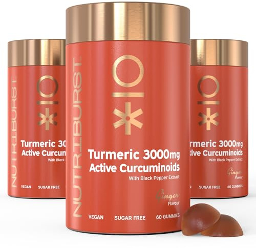 Nutriburst Turmeric & Black Pepper • 3 Months • Vegan & Sugar Free Gummies | 180 ginger flavour vitamin gummies with anti-inflammatory & anti-oxidising turmeric & black pepper extract for joint health.