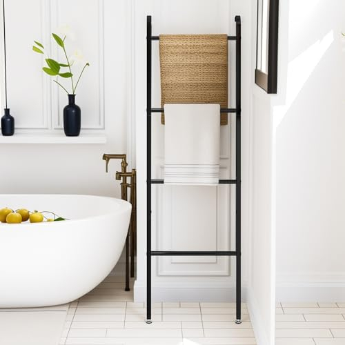 Black Towel Rail Freestanding, 4-Level Towel Holder Rack, Wall-Leaning Decorative Ladder, for Throws/Blankets/Bath&Hand Towels/Washcloths, for Bathroom, Bedroom, Living Room, Kitchen, Laundry