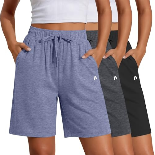 Neer 3 Pack Women's Quick Dry Shorts Women Drawstring High Waisted Bermuda Athletic Shorts with Pockets(Black, Dark Grey, Haze Blue,X-Large)