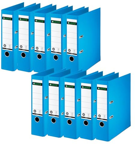 Leitz Qualitäts-Ordner 180°, 10er Pack, A4, 8 cm Rückenbreite, Spezialpapierkaschierung in Leinenprägung, Blauer Engel, Hellblau, 10070030