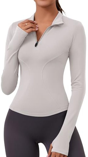 Rabin Sport T-Shirt Damen Langarm Sportshirt Gym Top Yoga Fitness Sport Oberteil für Wandern Laufen mit Halbem Reißverschluss und Daumenloch（Elfenbeingrau,S）