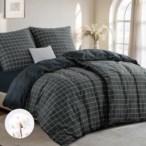 RUIKASI Bettwäsche 135x200 Baumwolle 4teilig Anthrazit - Baumwollbettwäsche 135 x 200 4tlg mit Gitter Muster, Bettbezug Set 4 teilig Cotton mit Reißverschluss