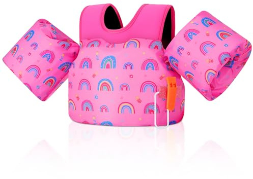 Moko Gilet de Natation pour Enfants, 20-50 lbs Brassards pour Enfants, Brassards avec Sifflet d'urgence, Équipement d'apprentissage de Natation pour Plage et Piscine, Arc-en-Ciel Rose Foncé