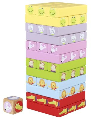 Orange tree toys Wooden Animal Tumbling Tower Game, Colourful Stacking Blocks with Dice, Educational Toy for Children