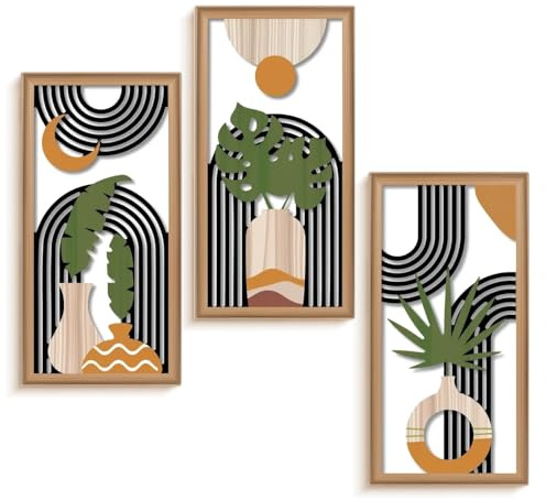 Yallmie Boho Wall Art Set of 3, Geometric Wooden Wall Decor with Triangle Hook Hollow Geometric Vase Sculpture for Decoration, Minimalist Wall Decor for Living Room, Bedroom, Hallway