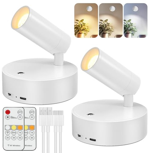 Kimjo Spot Lights Indoor, 4000mAh Rechargeable Plant Spotlight Indoor with Remote, Battery Operated Picture Lights with Timer Dimmable, Uplighting for Wall Art Display (2 Pack)