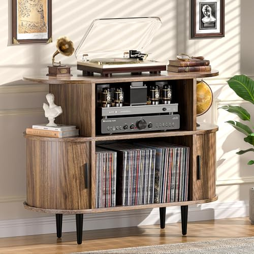 UODERS Large Record Player Stand with Storage and Shelves, Mid Century Modern Record Player Cabinet with Doors, Vinyl Record Player Table Holds 150+ Records for Living Room Bedroom, (Walnut)