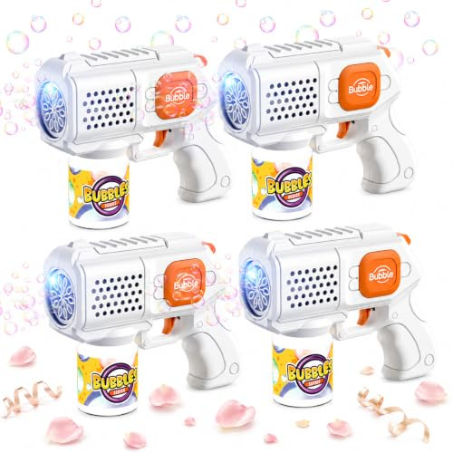 BUBOJOY 4PCS Pistolets à Bulles pour Enfants, Machine Bulles Mariages Automatique 10000+ Bulle avec Lumière/10 Trous/Solution(4 Flacons+10 Recharges) pour en Plein Air Fêtes Cadeau, Blanc