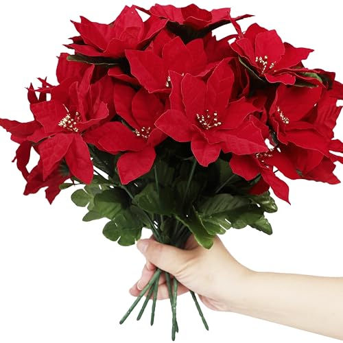 Homcomodar 4 Bouquet 7 Heads Poinsettia Artificiel Fleurs de Noël Rouge Faux Poinsettia Ornements Fleur Interieur pour DIY Guirlande Fête Maisons Vacances Décoration