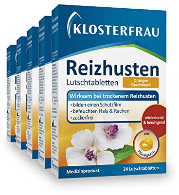 Klosterfrau Reizhusten Lutschtabletten | 5 x 24 Stück | Orangen Geschmack | wirksam bei trockenem Reizhusten | zuckerfrei