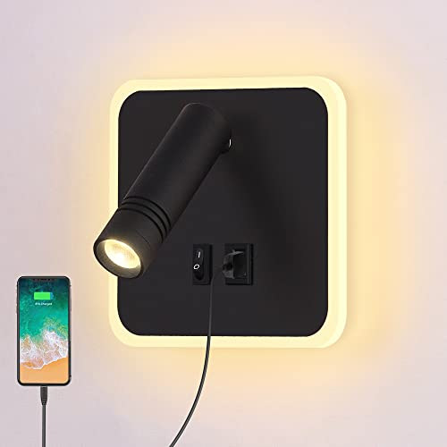 ERWEY LED Leselampe Wandmontage, Bettlampe verstellbar 3W 4000K+5W 3000K Wandleuchte Wandlampe mit Schalter und USB-Ladeanschluss für Bett, Schlafzimmer, Schwarz