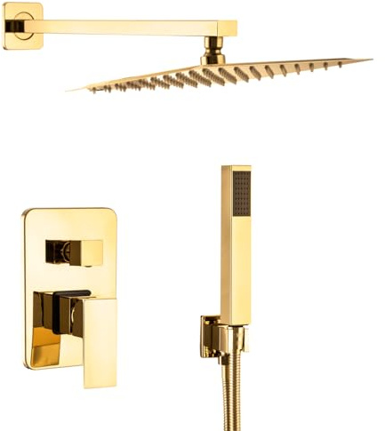 Granitan LUNA Duschstange Duschsystem: Regendusche 25cm, Duschkopf mit Schlauch und Mischbatterie - Modern Duscheset - Gold - Eckig