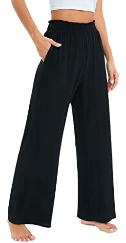 Famulily Womens Casual Stretch Pull On Wide Leg Trousers Elasticated Smocked Waist Lounge Pants with Pockets Black S