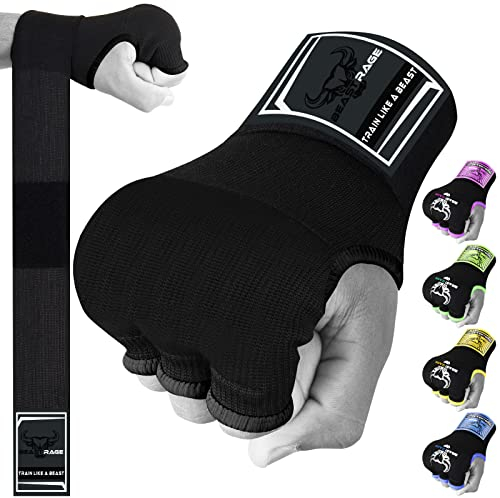 BEAST RAGE Boxbandagen Herren, Gelhandschuhe MMA 75 cm lang Boxbandagen elastisch, gepolstert Gel Innenhandschuhe Boxen, Boxsack, Training Muay Thai, Handbandagen Kinder (Schwarz, M (Adult))