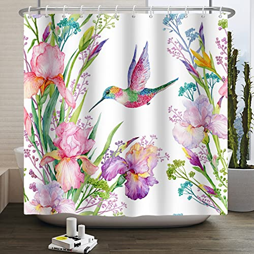 Bovlleetd Aquarell Blume Vogel Duschvorhang 180x200cm Bunte Kolibri Pflanze Lustige Tier Frühling Landschaft Vorhang Wasserdicht, Waschbar Polyester Badevorhänge mit 12 Haken für Badezimmer,Badewanne