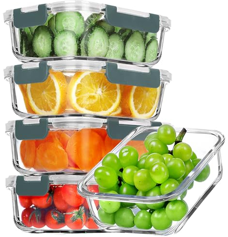 VERONES Lot de 5 récipients hermétiques en verre de 1040ml pour la préparation des repas, boîtes à déjeuner en verre avec couvercles, sans BPA, pour micro-ondes, four, congélateur et,Gris