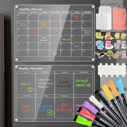 2 Stücke Wochenplaner Monatsplaner Abwischbar, 43x30cm Acryl Kalender, Transparente Magnettafel Kühlschrank, Magnetischer Familienplaner, Planungstafeln, Haushaltsplaner, To Do Liste und Memoboard