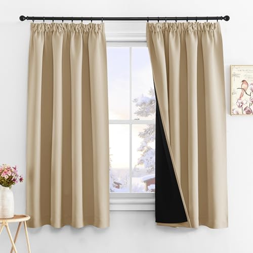PONY DANCE 100% Blackout Pencil Pleat Curtains - Double Layered, Short Thermal Insulated Curtains & Drapes for Bedroom/Kitchen, 2x W55 X L63, Biscotti Beige