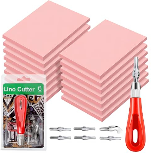 12 Pack Rubber Carving Blocks, Pink Linoleum Carving Kit, 15x10x0.8cm | Soft Stamp Block Bulk, with Cutter Tools, Easy to Engrave, for Beginners and Artists DIY Project