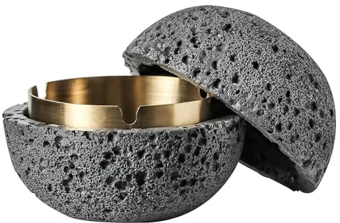 Miawtro Stainless Steel Ashtray with Dark Gray Rock and Lid, Removable Indoor/Outdoor Smoke Tray for Cigarettes, Home Office/Patio - Perfect Smokers' Gift