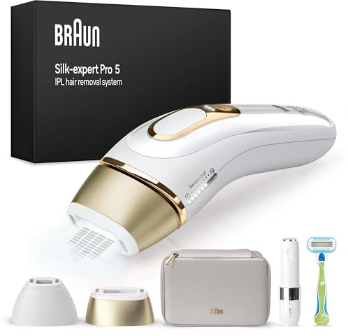 Braun Silk·expert Pro 5 Epilatore Luce Pulsata, Epilazione A Casa, Alternativa All’Epilazione Laser, Con Custodia, Mini Depilatore Viso, 2 Testine, Idea Regalo, Bianco/Oro, PL5156