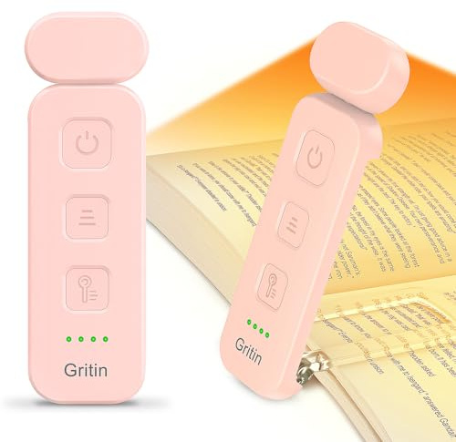 Gritin Book Light Rechargeable, Reading Light Lamp Clip on Books | Eye Caring 3 Colors, 5 Brightness & Stepless Dimming, Long Lasting up to 80hrs, Portable Mini Reading Lamp-Pink