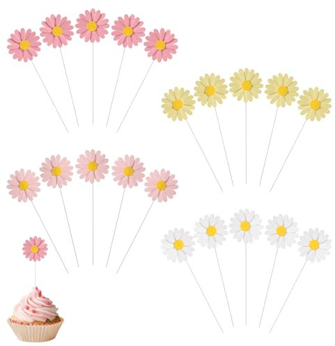 JJUNW 20 Stück Gänseblümchen Tortendeko, Mehrfarbig Blumen Pappbecher Kuchendeko Daisy Cupcake Topper Tortenaufleger für Happy Birthday Partydeko Hochzeitstorte (Hellrosa+Rosa+Weiß+Gelb)