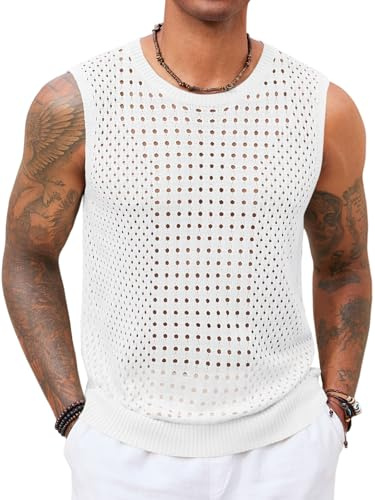 Runcati Mens Knit Sleeveless Tank Tops Casual Hollow Out T Shirts Beach Summer See Through Tops White